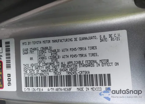 2021 Toyota Tacoma Sr from USA, damaged, VIN 3TYSX5ENXMT006319